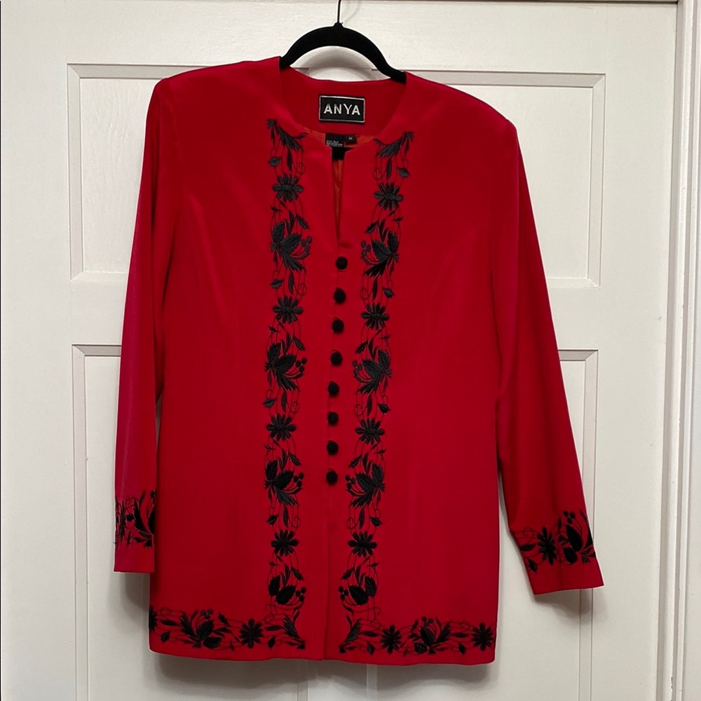 Vintage Anya Silk Red Jacket with Black Embroidery